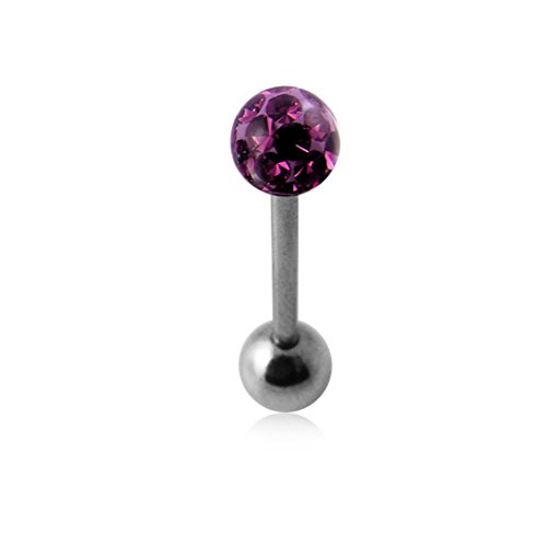 Purple Epoxy Multi Crystal Stone Tongue Ring. 14Gx3/4(1.6x19mm) 316L Surgical Steel Barbell with 6MM Crystal Stone Ball and 6MM Surgical Steel Ball.