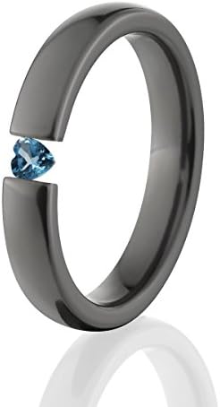 4mm Wide Blue Topaz Ring, Black Zirconium Tension Set Rings
