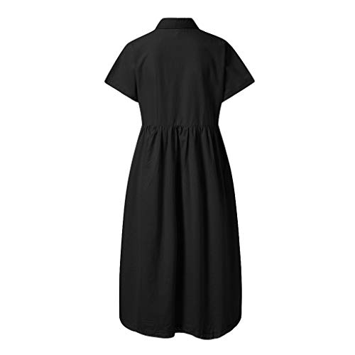 Women's Turn Down Collar Dress, Ladies Loose Short Sleeve Plus Size Dress Ruched Plain Dress Gogoodgo Black - Thumbnail 3