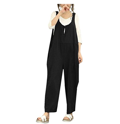 Highpot Women Plus Size Baggy Linen Overalls Wide Leg Pants Rompers Jumpsuit (M, Black)