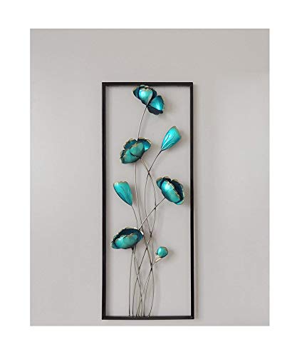 All American Collection New Modern Chic Aluminum/Metal Wall Decor Frame 12"x30" (Turquoise Closed Flowers)