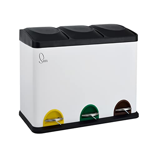 SVITA TC3X15 Treteimer Pulverbeschichteter Stahl 45 L Weiss 3X15 L dreifach Abfalleimer 3er-Mülleimer Mülltrennung Küchen-Eimer