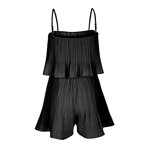 SHOPESSA Flowy Playsuits and Rompers for Women Spaghetti Strap Pleated Short Jumpsuit Backless Overall Romper Summer Boho Outfits Black