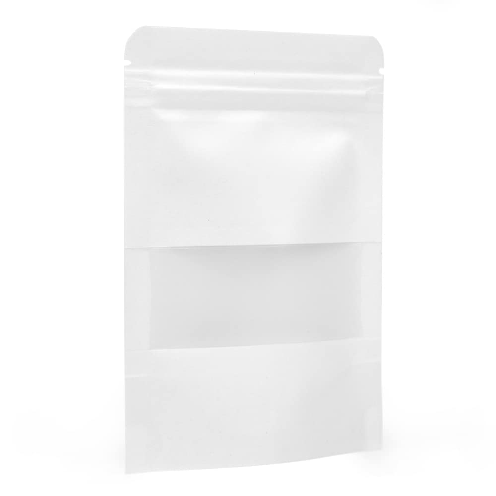 Evergreen Goods 50 White Matte Window Kraft Paper Bags 90x140mm | Grip Seal Zip Lock & Moistureproof | Stand Up & Windowed Designs | Easy Storage | Splashproof | Gifts for Valentine & Multipurpose