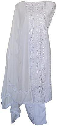 Hand Crafted vibrant Traditional Patchwork unstitched White Salwar Suit Dress Material for women
