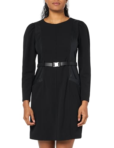 DKNY Women's Buckled Belt Mix Media Long Sleeve Dress, New Maroon, 8