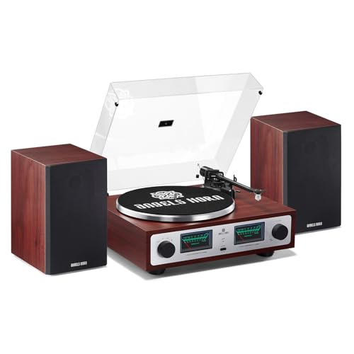 ANGELS HORN Tocadiscos de Vinilo con Altavoces Estéreo, Reproductor de Vinilos Hi-Fi Bluetooth, Giradiscos Preamplificador Integrado, 33/45 RPM, control de tono, pastilla AT-3600L