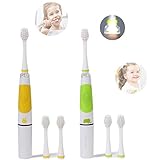 2PCS Children Sonic Electric Toothbrush LED Light Kids Sonic Toothbrush Smart Reminder Baby Toothbrush 618 Toddler Toothbrush with Extra 4 Replaceable Brush Heads for 2-7 Kid (Light Green + Yellow)