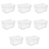 Sterilite 16598008 56 Quart/53 Liter Storage Box, White Lid w/ Clear Base, 8-Pack