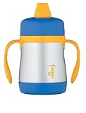 THERMOS FOOGO Vacuum Insulated Stainless Steel 7-Ounce Soft Spout Sippy Cup with Handles, Blue/Yellow