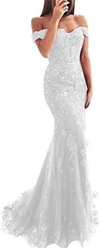 Women's Off Shoulder Long Lace Prom Dress Mermaid Beaded Evening Gown 418
