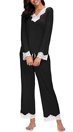 Jusfitsu Womens Cotton Pajamas Set Long Sleeve Top Shirt with Pants Sleepwear Modal Soft Loungewear Lace Black XL - Thumbnail 6