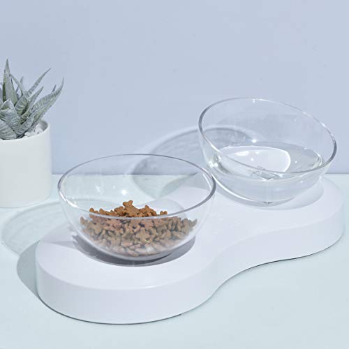 ELSPET Raised Cat Dog Bowl/Cat Dish/Elevated Cat Food Water Bowl, 0°/20° Tilted Transparent Raised Pet Feeding Bowl with Anti-Slip Base for Cat and Small Dog (Cat Single Bowl/Cat Double Bowls)
