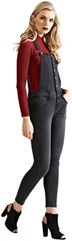 Ladies Skinny Fit Overalls – Charcoal Popper Front Dungarees with stretch