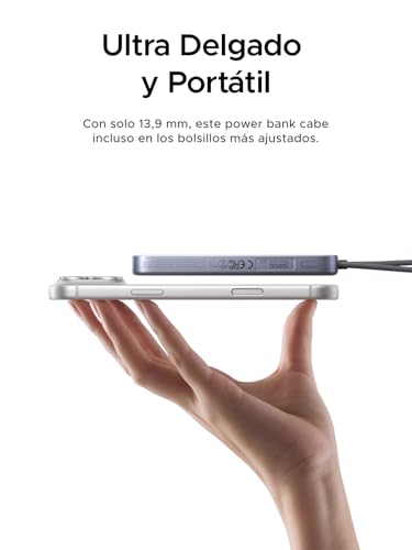 UGREEN MagFlow Air Qi2 15W 10000mAh Power Bank Ultra Delgada Batería Portátil con MagSafe, PD 30W Cable USB-C Integrado, Carga Inalámbrica Magnética Compatible con iPhone 17/16/15/14 Series Negro