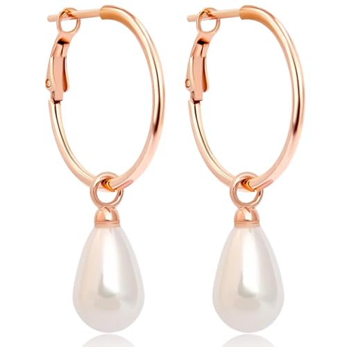 Nobel Perlenohrringe Silber Rosegold 925 1.5 * 20Mm Creolen Hängende Ohrringe Mit 13 Mm Weiße Perle Ohrringe Für Frauen
