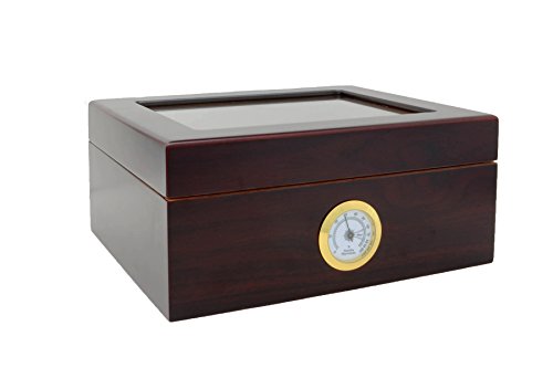 Maypes Desktop Humidor w/Hygrometer – Holds 25-50 Cigars – Cigar Aficionado Set Includes: Tempered Glass Top, Hygrometer, Dehumidifier, Divider – Interior: Spanish Cedar – Exterior: Mahogany Finish