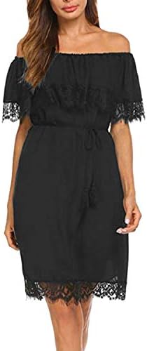 Off Shoulder Casual Dress Girl Solid Summer Dresses and Sundresses Lace Sexy Mini Sundress Dress
