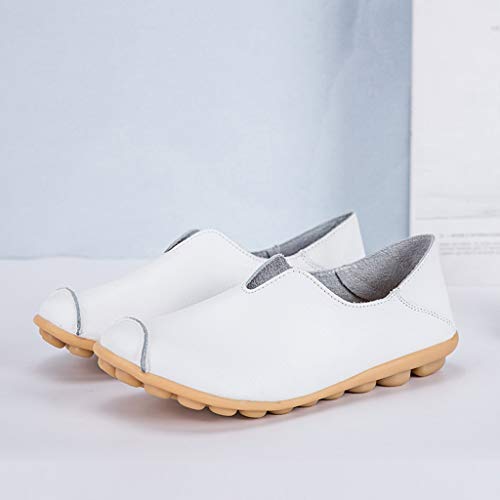 Women's Leather Loafers Casual Round Toe Slip-On Moccasins Soft Comfort Driving Walking Flats Shoes (White, US 8)