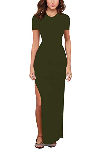 Meenew Womens Solid Short Sleeve Scoop Neck Summer High Slit Bodycon Maxi Dress Green S