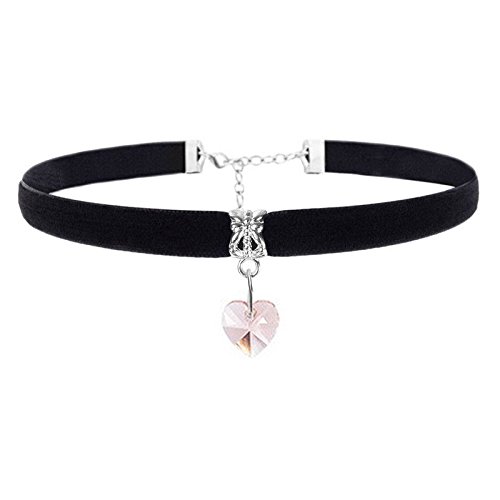 Gregory Crafts & Gifts Gothic Choker Necklace - Black Velvet and Pink Crystal Heart Shaped Gem, Women's Jewellery, Halloween, Fancy Dress