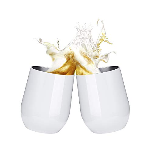 2 Pack 12 oz Wine Tumbler with Lids, Double Wall Vacuum Insulated Stainless Steel Stemless Wine Glass, Travel Coffee Mug Cup for Wine, Drinks, Champagne, Cocktails (Include Straws & Brush) (White)