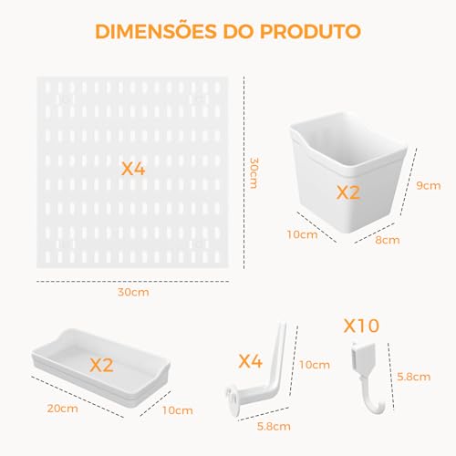 Pegboard Branco Conjunto 4 Armazenamento Montado Parede Painel Organizador Parede Combinado Kit Organizador Parede Plástico para Parede Garagem Sala Artesanato Bancada Trabalho Escritório, 30×30