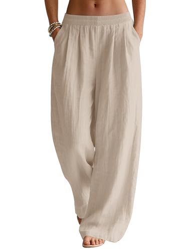 Rapbin Linen Trousers Womens Wide Leg Pants for Women UK Ladies Summer Casual Elasticated Waist with Pockets