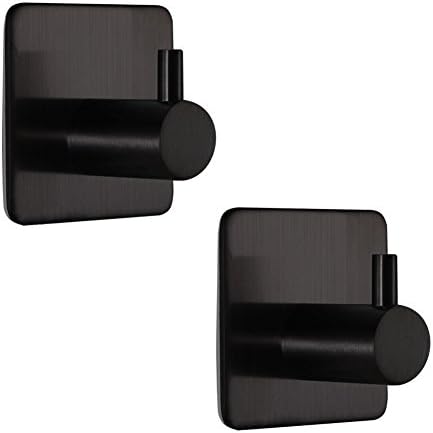 BQTime Modern 3M Self Adhesive Hooks Stainless Steel Towel Robe Coat Cloth Bag Key Holder Hanger(2 Pack Single Hook), Heavy Duty, Wall Mounted, Waterproof, Kitchen Bathroom Shower Accessories, Black
