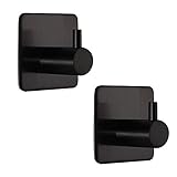 BQTime Modern 3M Self Adhesive Hooks Stainless Steel Towel Robe Coat Cloth Bag Key Holder Hanger(2 Pack Single Hook), Heavy Duty, Wall Mounted, Waterproof, Kitchen Bathroom Shower Accessories, Black