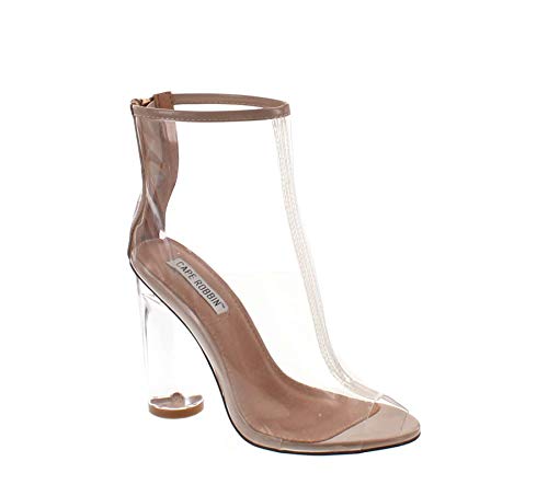 Cape Robbin Benny-1 Open Toe Block Chunky Clear Perspex Heel Ankle Boot Bootie Shoe,Nude,6.5