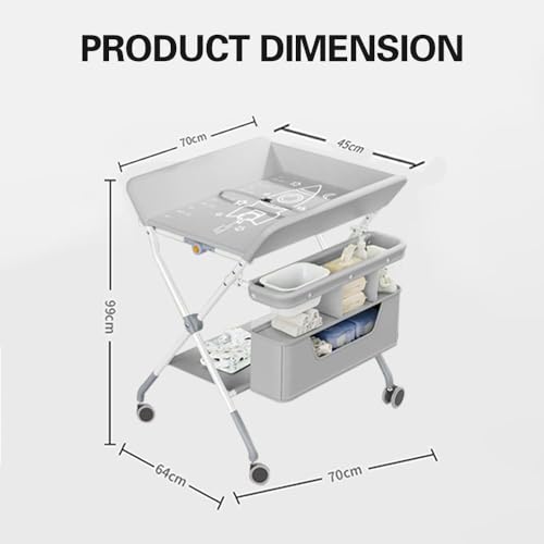 DMG TECH Portable Baby Changing Table, Folding Baby Changing Table, Infant Care Station with Double Layer Storage Basket, Adjustable Height, Mobile Nursery Organizer for Newborn Infant (Grey)