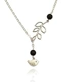 Small Bird and Branch Silver-tone Aromatherapy Necklace Essential Oil Diffuser Lava Stone Pendant Jewelry Lariat Y-Style