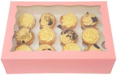 Mini Windowed Cupcake Boxes with 12 Cavity Insert Holds 12 White Pink Kraft(Pack of 5) (Pink)