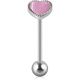 Zynova 14G Stainless Steel Cat's Eye Stone Heart Tongue Rings for Women Pink Blue White Heart-Shaped Tongue Barbell Externally Threaded Tongue Piercing Jewelry