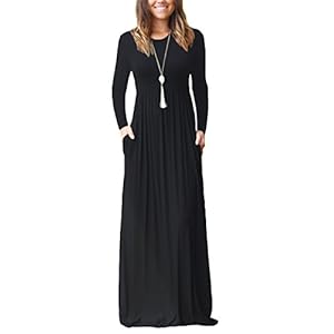 DEARCASE Women’s Long Sleeve Maxi Dress Crewneck Loose Plain Casual Empire Waist Long Dresses with Pockets