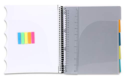 Mintra Office Durable PREMIUM Spiral Notebook - Fabric Covered Coils, No Snags, Removable Adjustable Pocket Dividers, Ruler, Organization, Customizable ((White, 5 Subject, 8.5in x 11in))