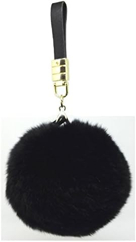 18 K Gold Plated Keychain with Real Rabbit Fur Ball Keychain for Car Key Ring Handbag Tote Bag 8CM 3.1IN (black)