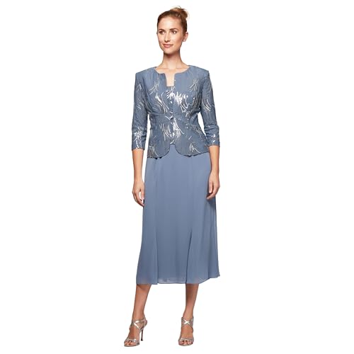 Alex Evenings Women's Tea Length Jacket Dress, Perfect for Weddings, Formal Events (Petite and Regular Sizes), Steel Blue, 16/Petite