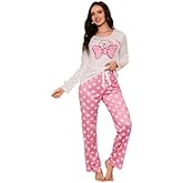 Women's Cute Bear Bow Print Pajama Set, Long Sleeve Crew Neck, Pink Heart Polka Dot Pants, Casual Sleepwear