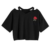 Abetteric Women's Rose Embroidery Short Sleeve T-Shirt Crop Tops Black Medium
