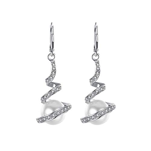 Gyoume Women's Earrings Pearl Studded Spiral Design Zircon Hoop Drop Earrings Jewelry Party Earring (White Gold)