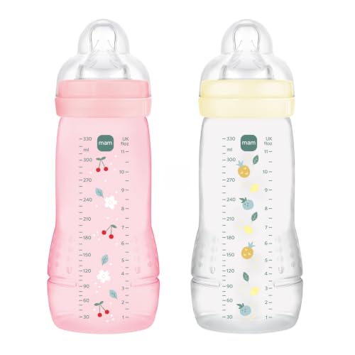 MAM Easy Active 6+ Months, Berry + Pearl (2 x 330 ml) - with Silicone Teat, Ultra Fast X-Speed, for Babies with Airtight Seal