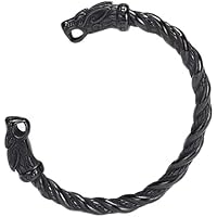 BaviPower Fenrir Wolf Head Torc Bracelet - Stainless Steel & Braided Leather - Adjustable Viking Men's Jewelry