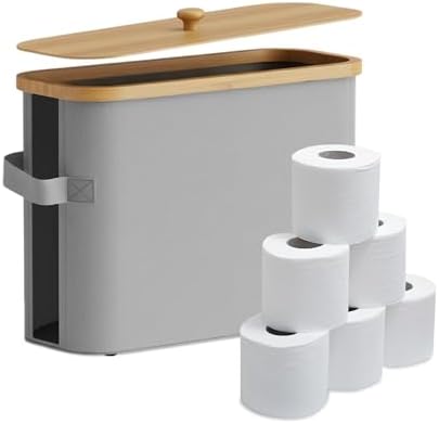 Recipiente de papel higiénico, 12 rolos, 33 x 45 x 16 cm, tecido, bambu, cinzento