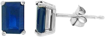 Emerald Cut Genuine Sapphire Stud Earrings,14Kt White Gold