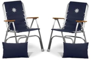 FORMA MARINE Folding Aluminum High Back Navy Blue Boat Chairs Teak Armrests, 2 Chairs M150+2 Matching Cushions 16.5'' x 10.2'