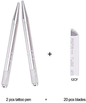 Microblading Pen – BIOMASER® 2 PCS Manual Tattoo Eyebrow Pen Lock-Pin Tech & Ergonomic Grip for Permanent Makeup Supplies with 20pcs 12 Pins Sloped Microblading Needles