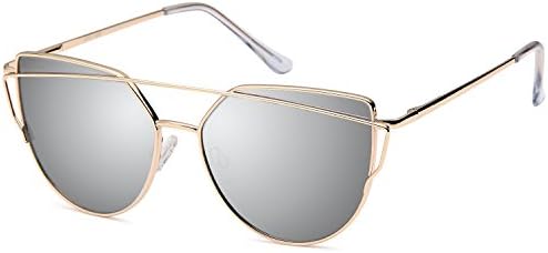 QINKY Womens Cat Eye Aviator Metal Frame Cross Bar Sunglasses with Mirror Flash Flat Lens