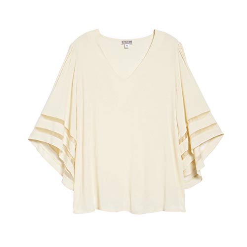 Shy Velvet Women's V Neck 3/4 Bell Sleeve Chiffon Blouse Mesh Panel Loose Top Shirts Beige - Thumbnail 5